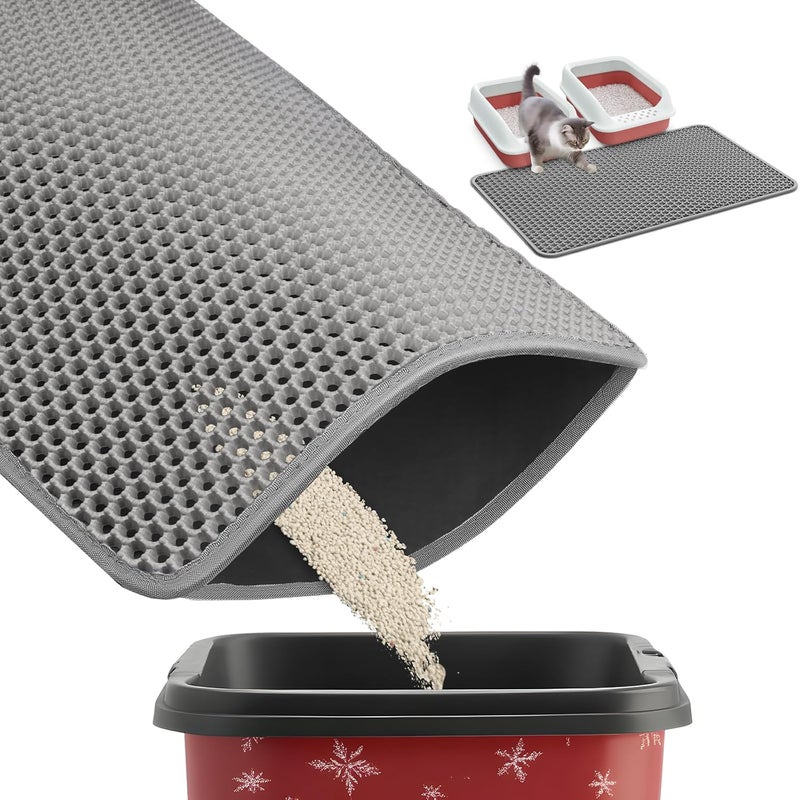 Powools 35" x 30" Cat Litter Mat - Ultra-Large Litter Box Mat with Double Layers, Urine-Proof and Non-Slip Litter Trapping Mat, Easy to Clean Kitty Litter Mats for Floor, Scatter Control, Grey - Image 1